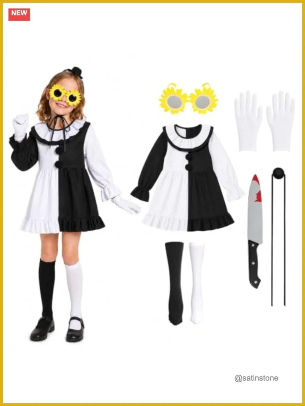 Girls Art Clown Costume Black White Halloween Dress 6-Piece Set